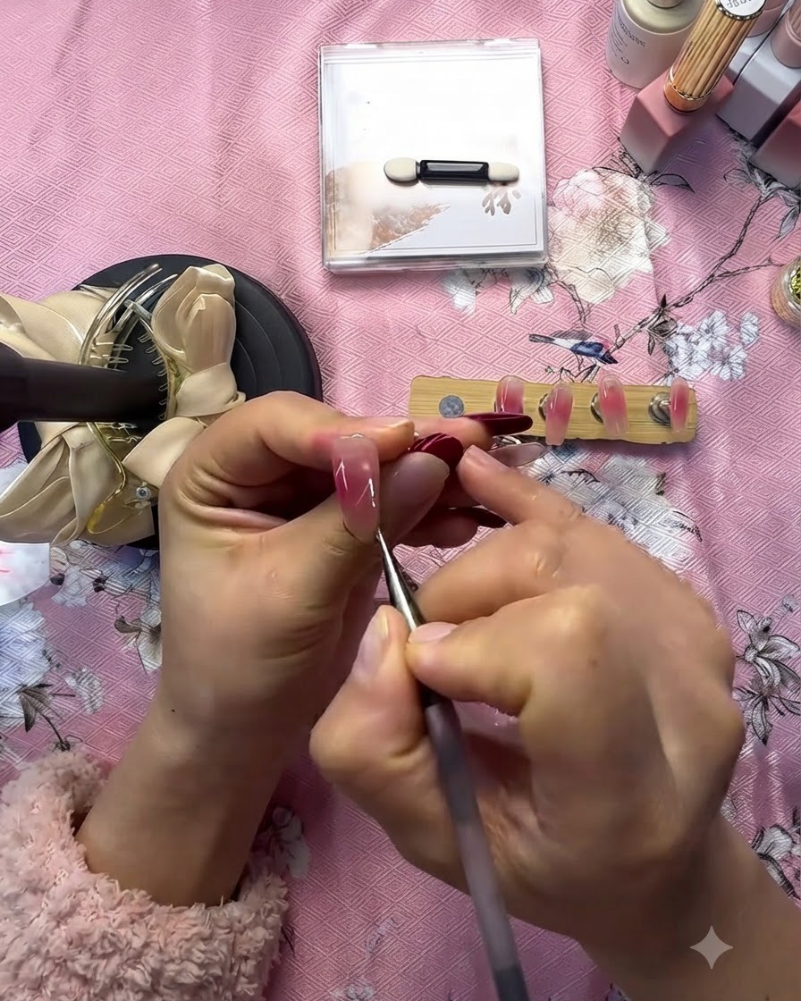 Un pinceau liner fin dessinant une forme de cœur blanche sur un ongle press-on à dégradé rose.
