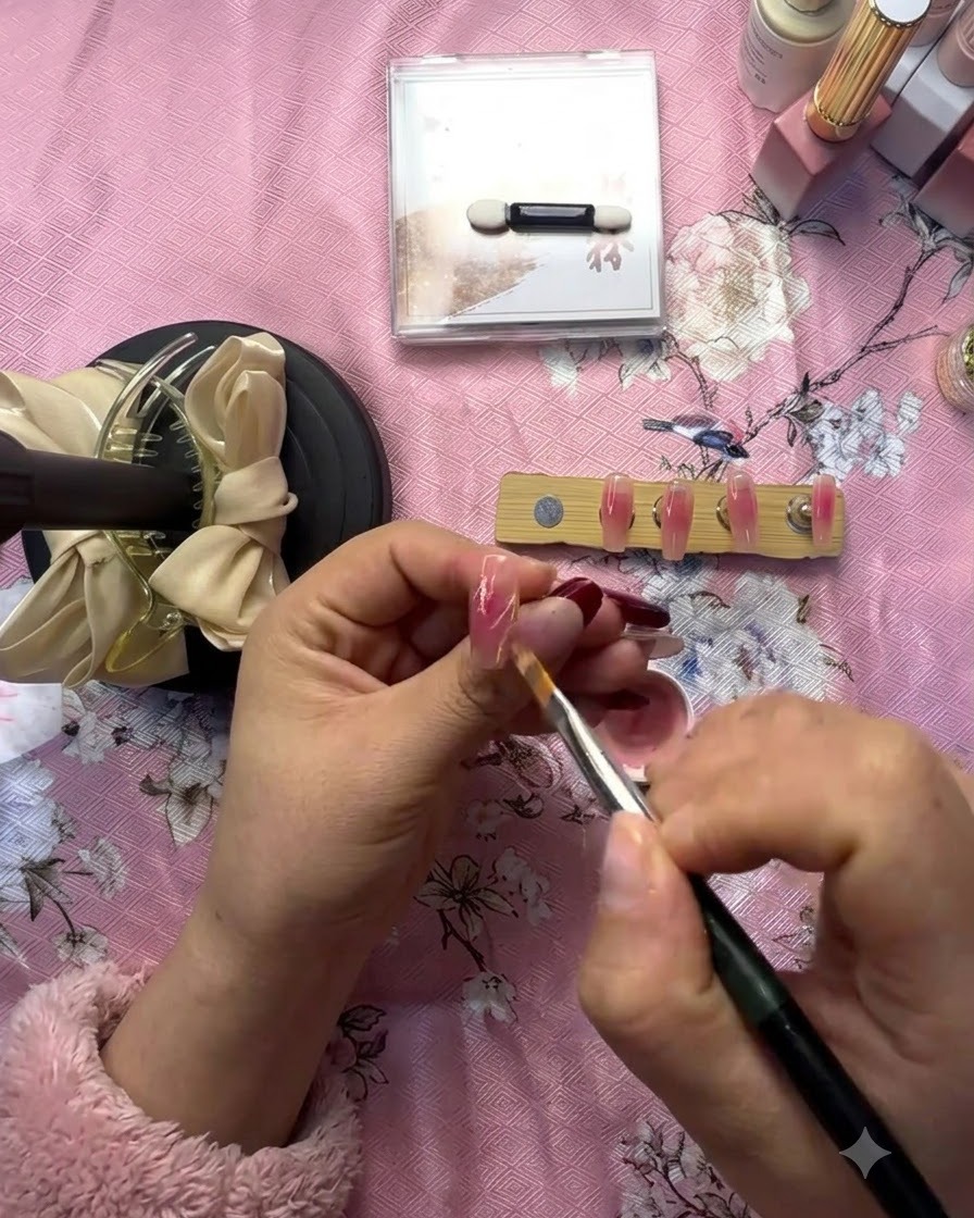 Un pinceau de détail ajoutant des accents de lignes blanches fines autour de la forme de cœur catalysée sur un ongle rose.