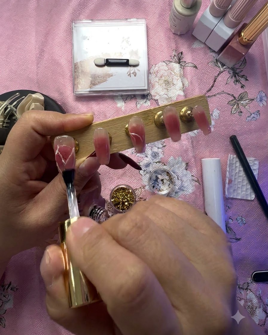 Un pinceau appliquant un revêtement de gel protecteur transparent sur le nail art en forme de cœur.