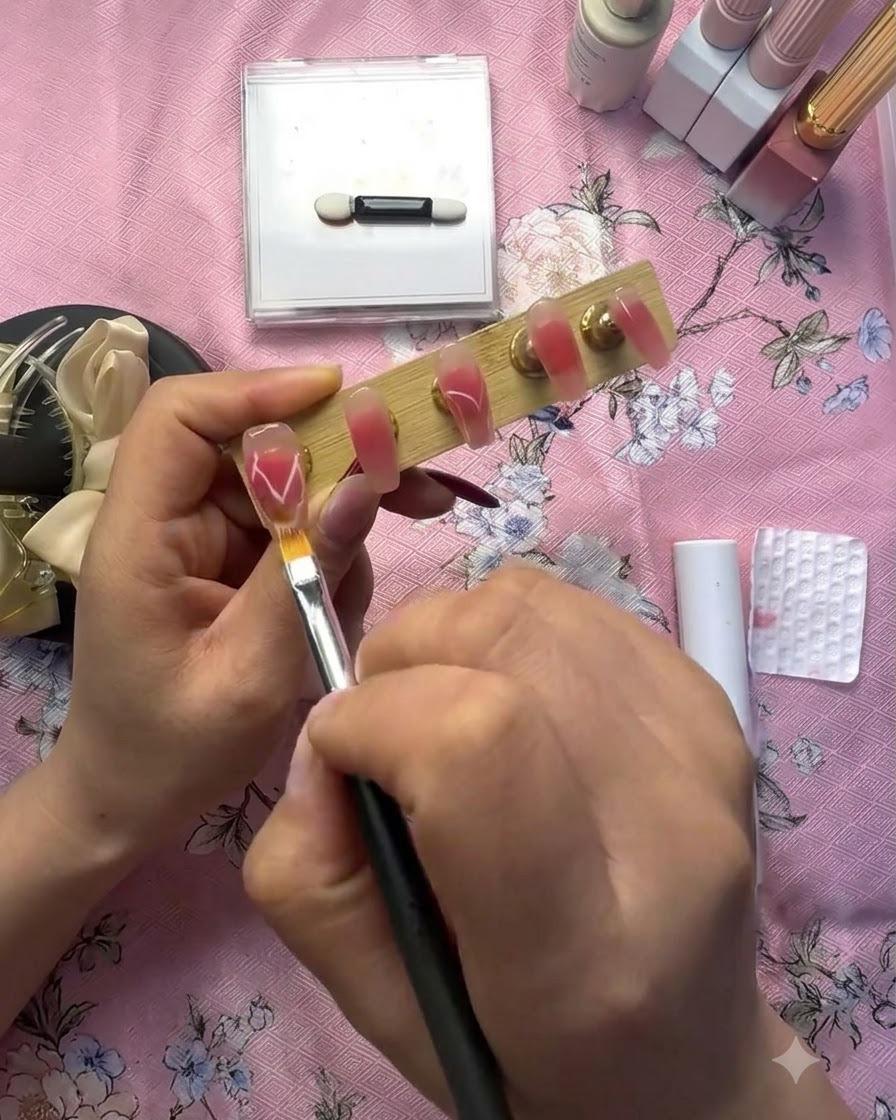 Un outil de détail plaçant de petits morceaux de feuille dor étincelante sur une surface de gel humide à côté dun design de cœur blanc.