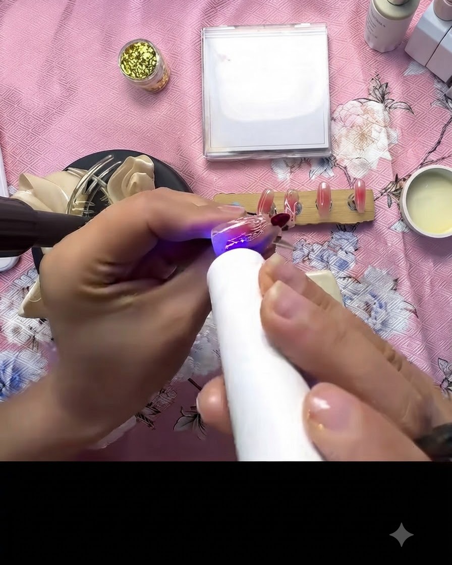 Une mini lampe UV/LED catalysant les petits points daccent 3D sur un ongle décoré.