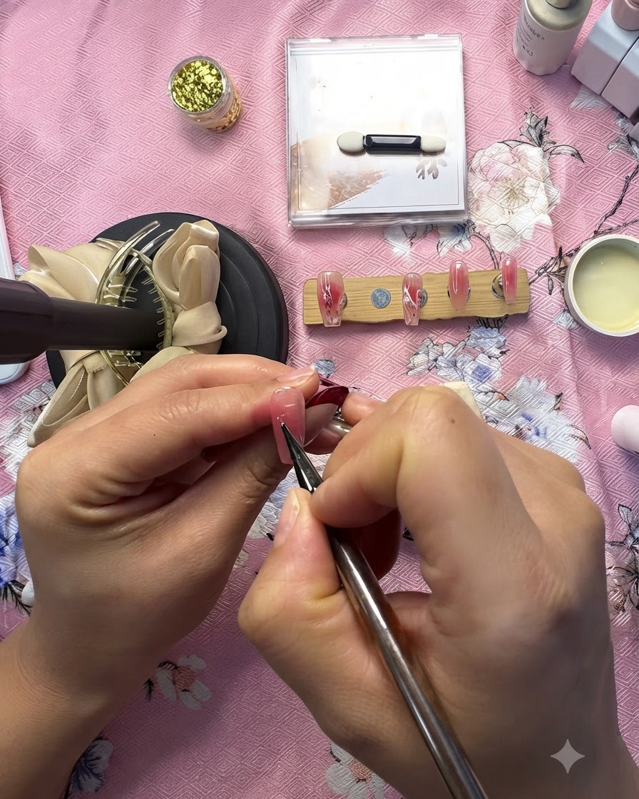 Gros plan dune prothésiste ongulaire appliquant de petits éléments décoratifs sur un ongle daccent dégradé rose.