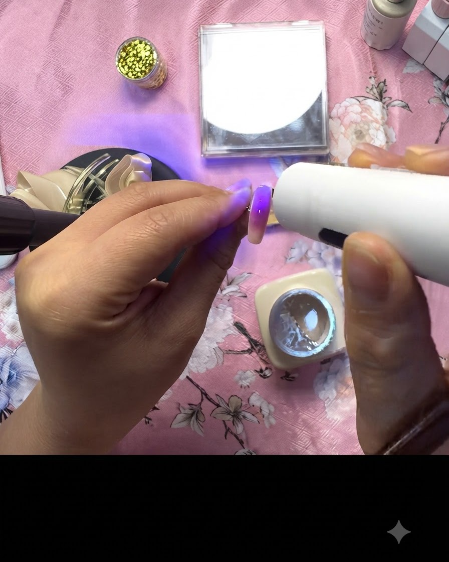Une lampe UV catalysant le set final dongles daccent roses décorés avec des détails en feuille dor.