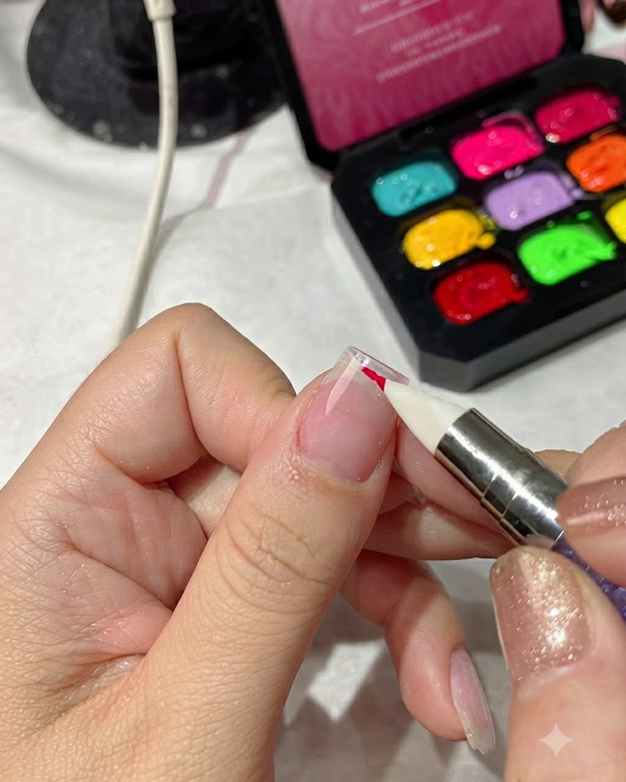 Gros plan dun applicateur éponge tapotant du vernis gel rouge magenta vif sur le bord dun ongle préparé.