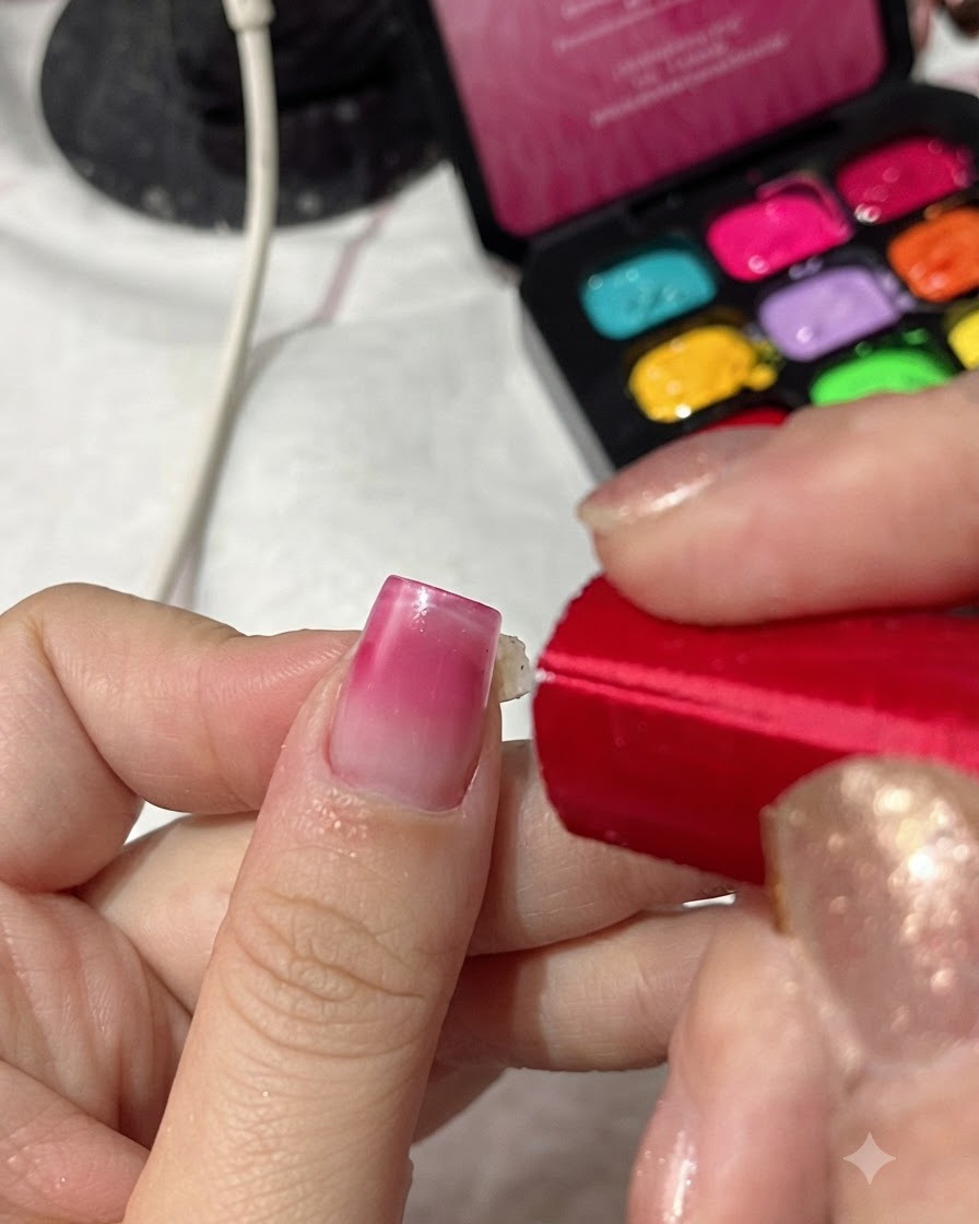 Une main tenant une lampe UV/LED rouge compacte directement au-dessus dun ongle fraîchement peint en dégradé.