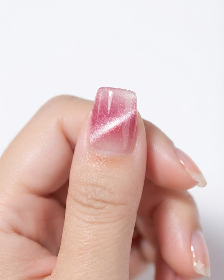 Un outil magnétique tenu près des côtés dun ongle recouvert de gel œil de chat pour créer une large bande lumineuse centrale.