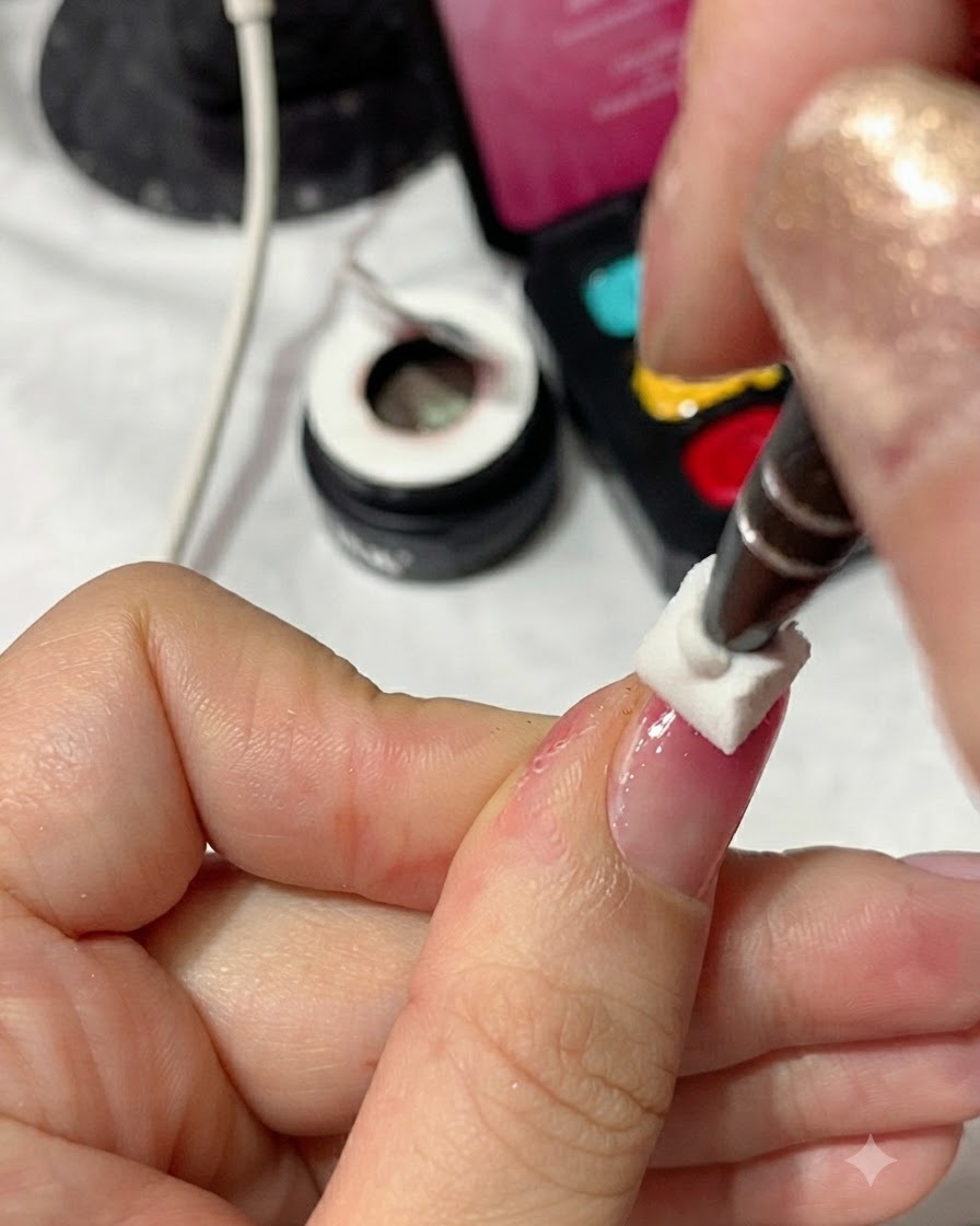 Un carré de cellulose ou une éponge blanche pressée doucement contre un ongle au dégradé rose brillant pour nettoyer la surface.