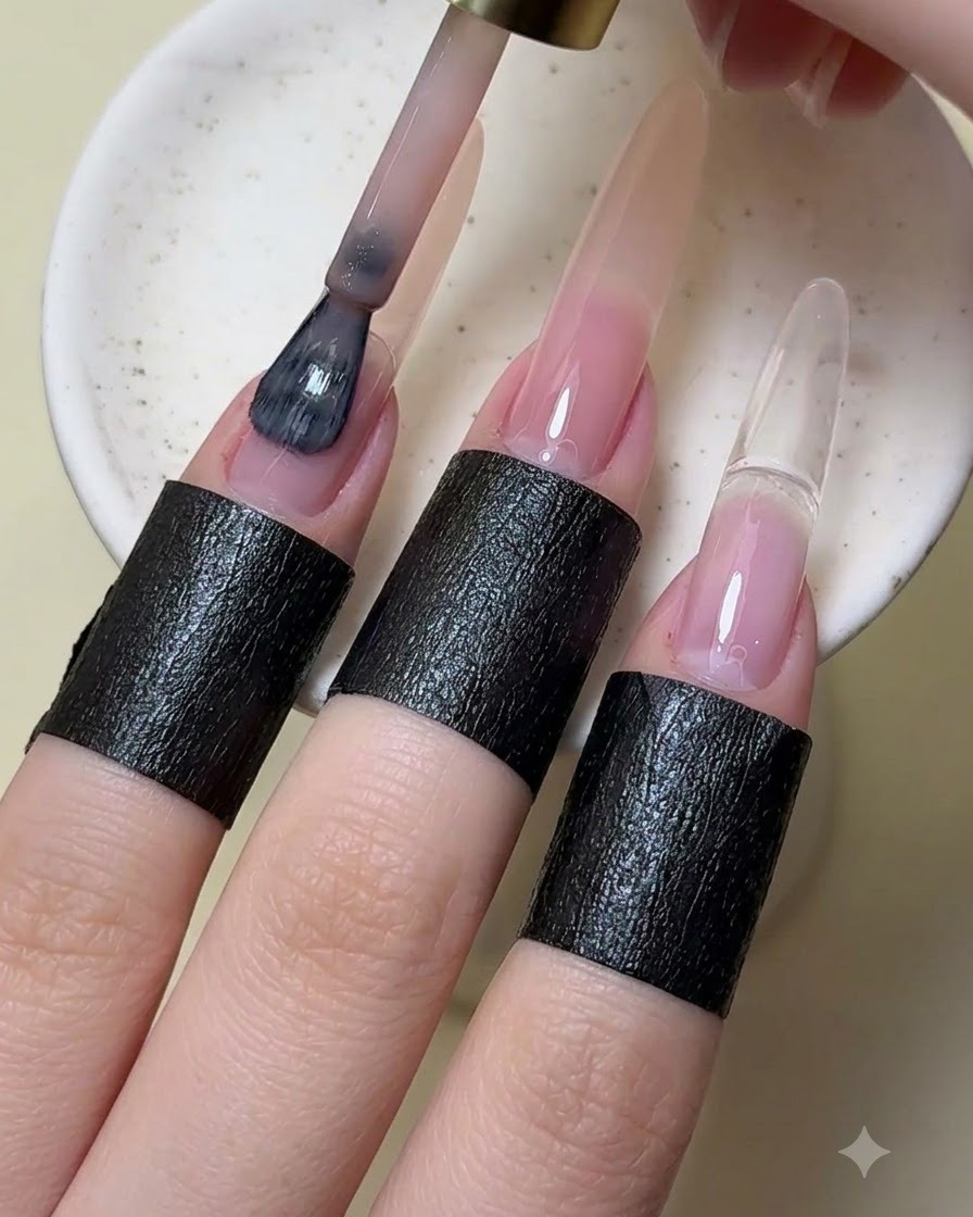 Un pinceau à manucure appliquant du vernis gel de couleur nude sur un ongle artificiel.