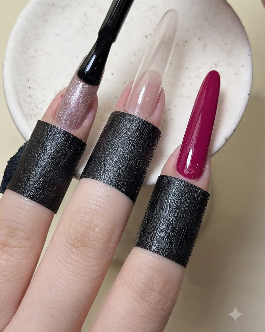 Un pinceau appliquant du vernis gel cat-eye métallisé sur longle de lannulaire.