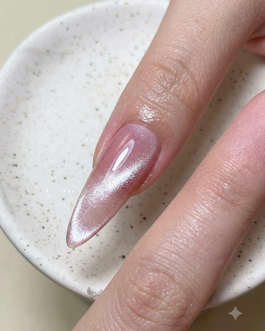 Vue rapprochée dun ongle dannulaire affichant une ligne cat-eye argentée brillante et nette au centre.