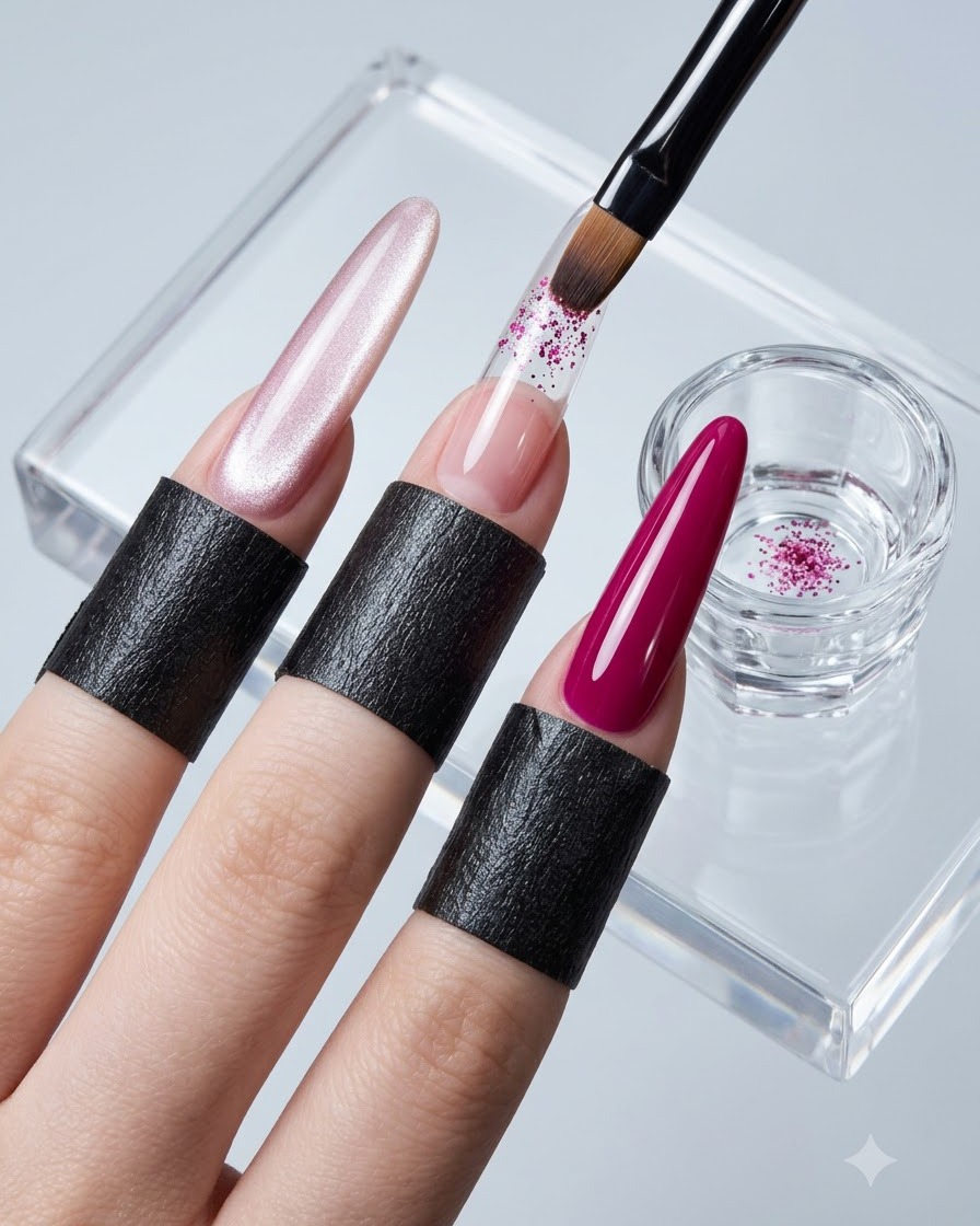 Un pinceau plaquant des paillettes roses et des sequins papillon sur un ongle rallongé transparent.