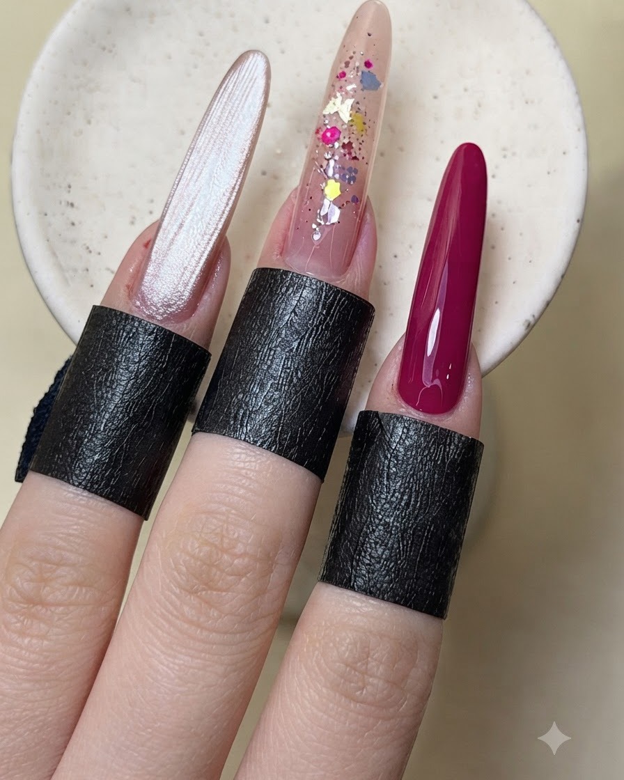 Une main manucurée présentant des motifs dongles achevés comprenant des effets cat-eye et des incrustations de paillettes.