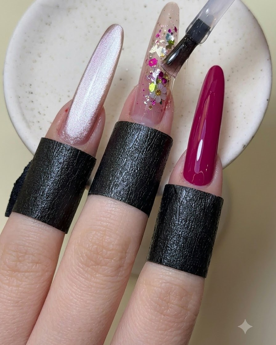 Un pinceau appliquant une couche de top coat transparent par-dessus longle décoré du majeur.
