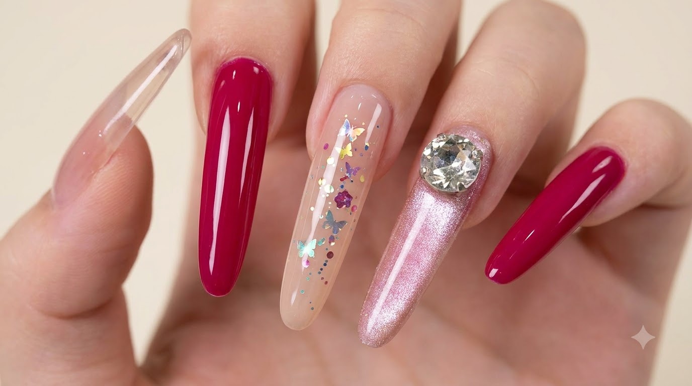 Manucure Magenta et Nude Effet Œil-de-Chat avec Strass et Papillons — Tutoriel Étape par Étape