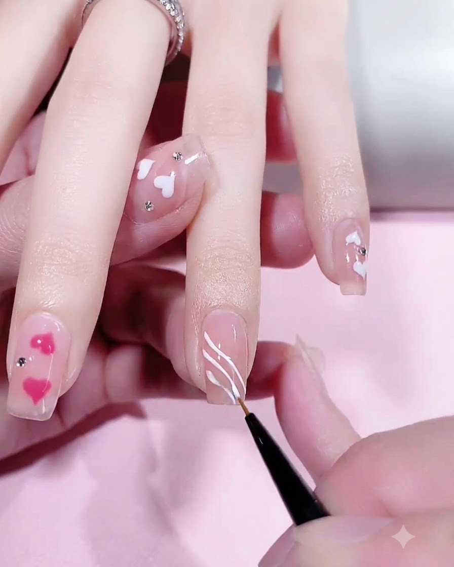 Une prothésiste ongulaire peignant de délicats contours ondulés aux couleurs pastel sur un ongle de ton naturel.