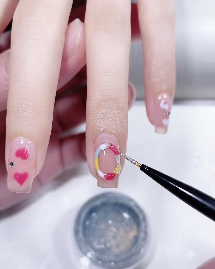Une main reposant à lintérieur dune lampe à ongles UV/LED professionnelle avec des lumières violettes incandescentes pendant un cycle de catalysation.
