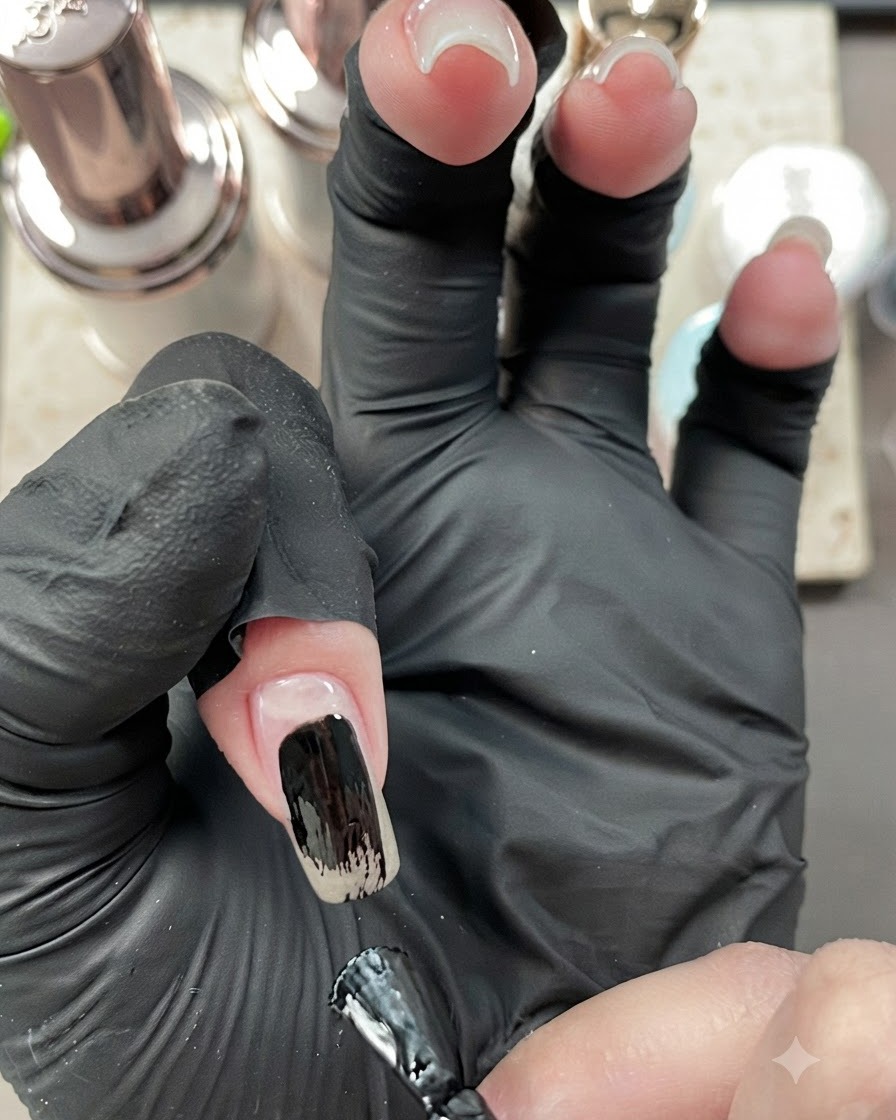 Un pinceau à ongles étalant du vernis gel noir sur le centre dun ongle de lindex.
