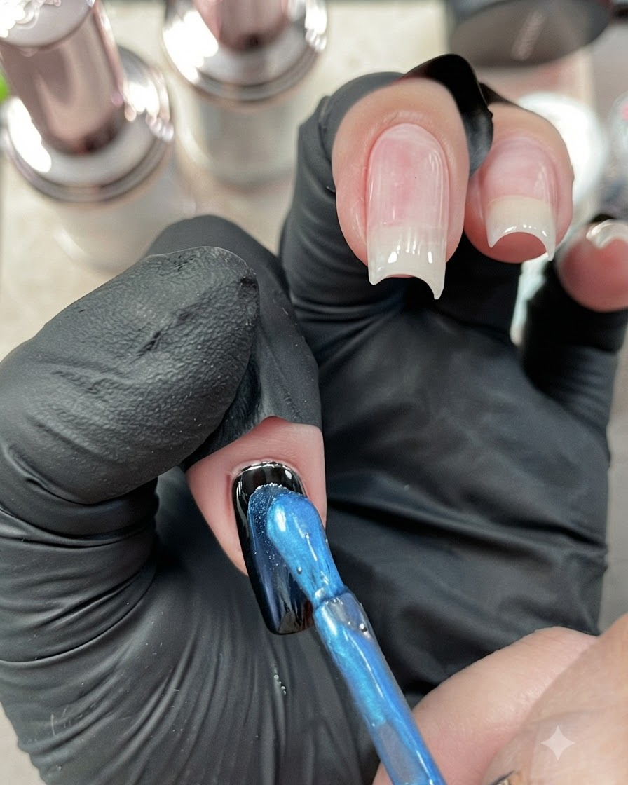 Un pinceau appliquant un gel cat-eye métallique bleu vif sur un ongle recouvert de gel noir.