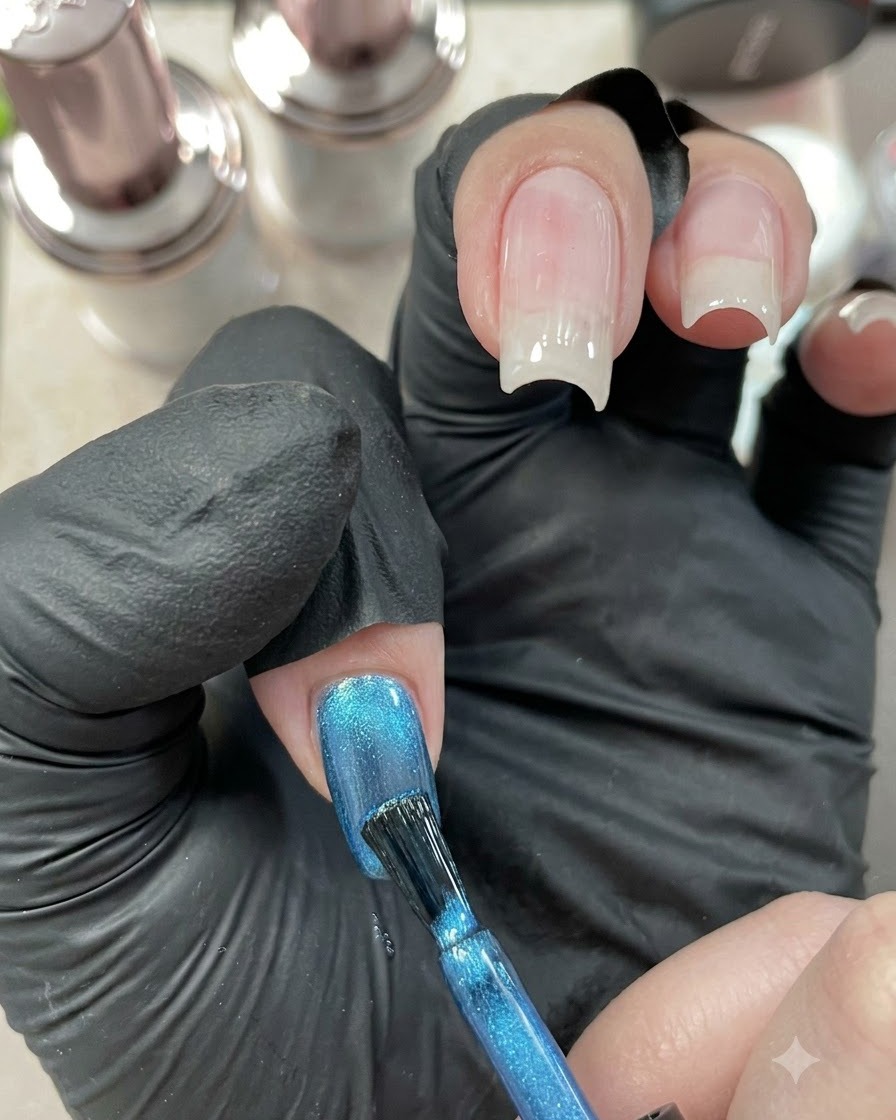 Un ongle manucuré cat-eye bleu reposant sous une mini lampe à polymériser portable.