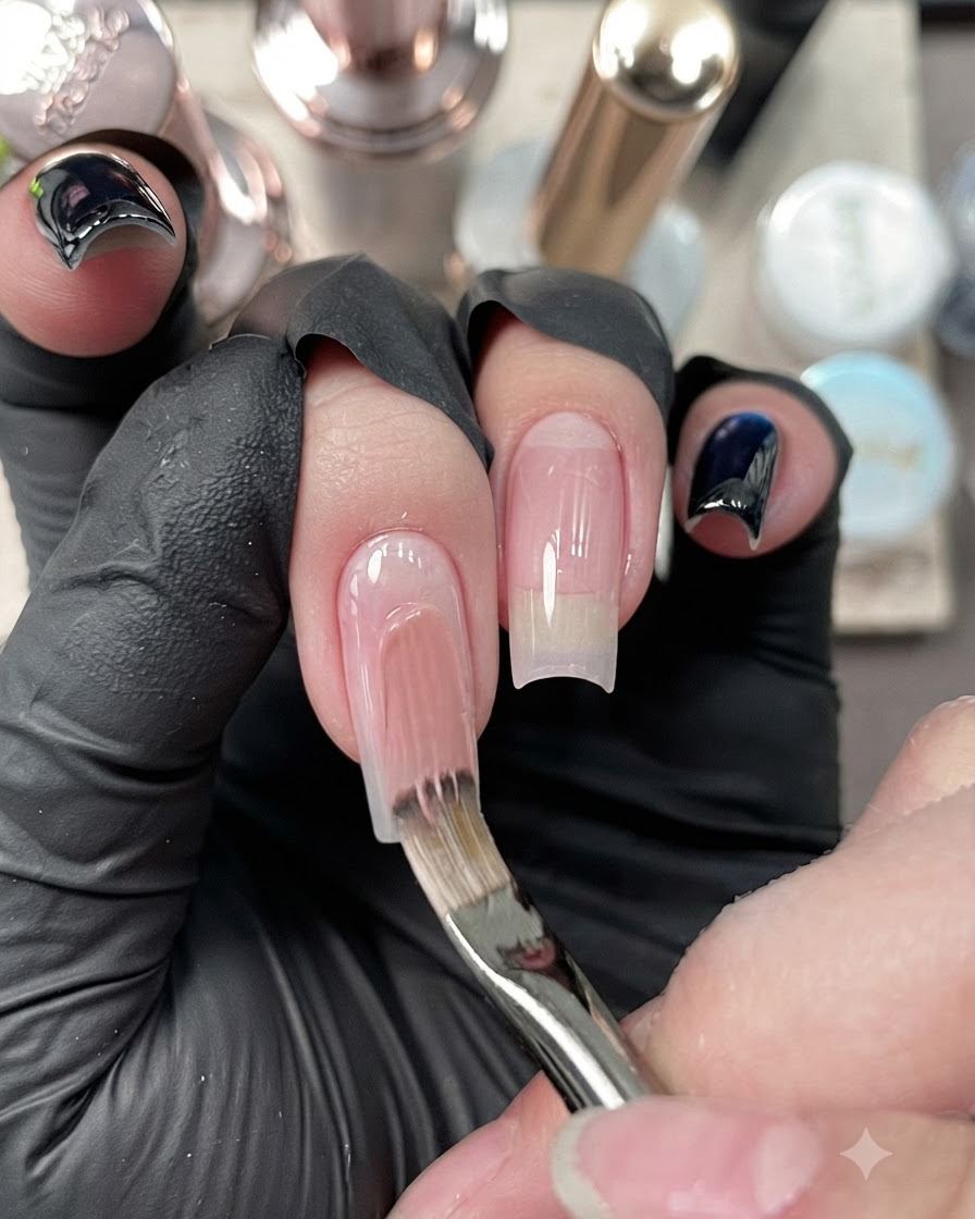 Un pinceau à ongles appliquant une couche lisse de vernis gel nude sur la plaque du majeur.