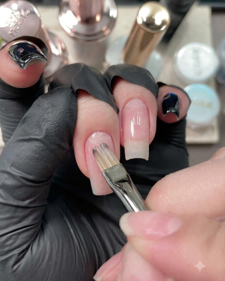 Un pinceau à ongles appliquant une base nude sur longle de lannulaire.