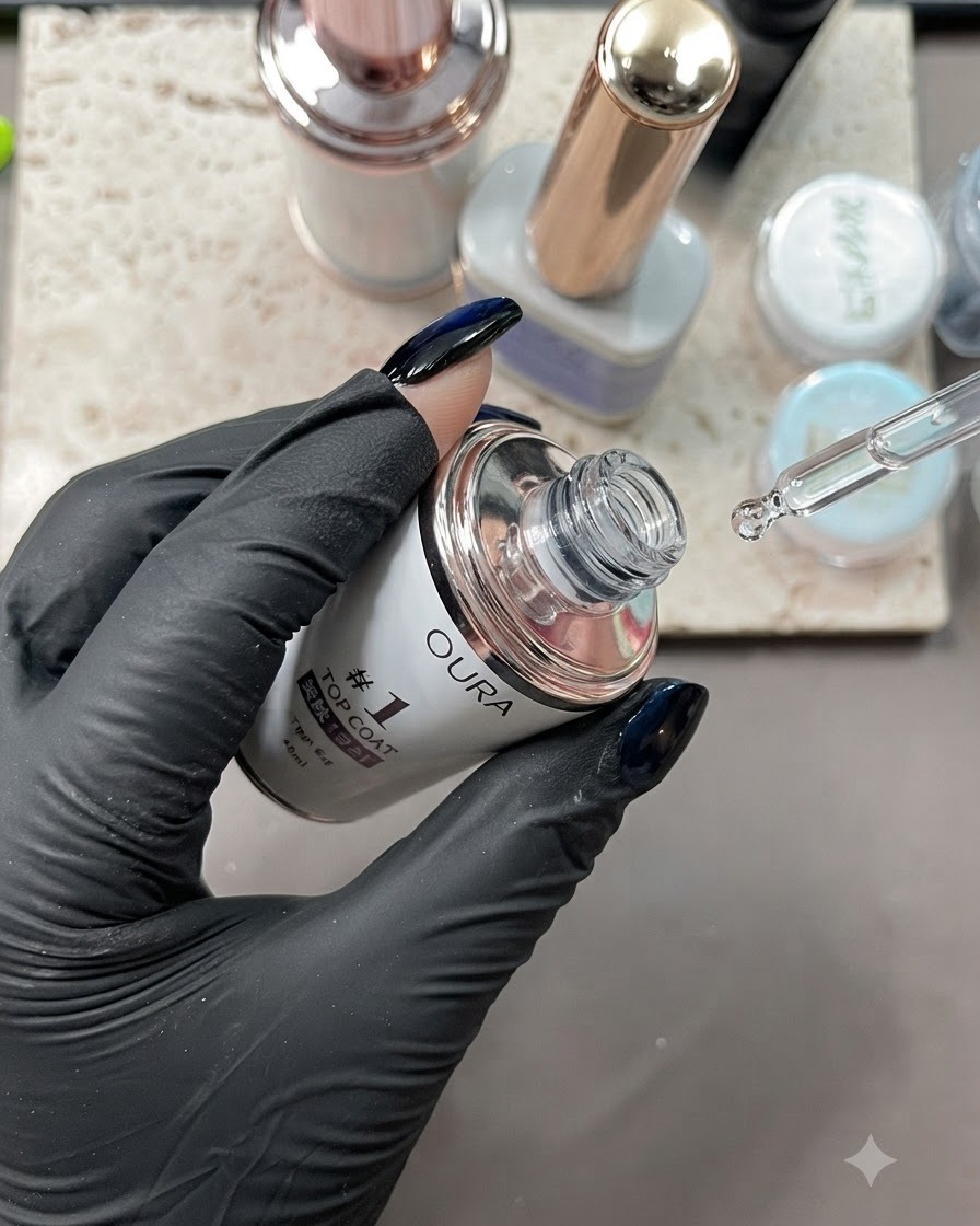 Une bouteille de top coat avec un compte-gouttes distribuant le produit à côté dune main gantée.