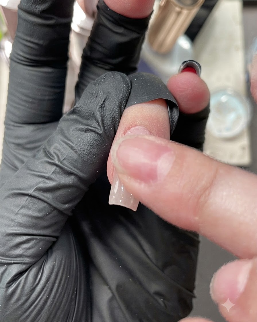 Un doigt ganté frottant un mélange de poudre aurore sur la surface polie dun ongle.