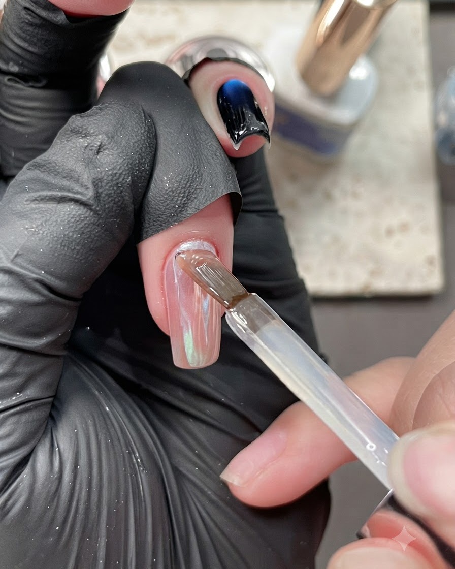 Un pinceau appliquant un gel de base transparent légèrement teinté de violet sur un ongle à finition chromée.