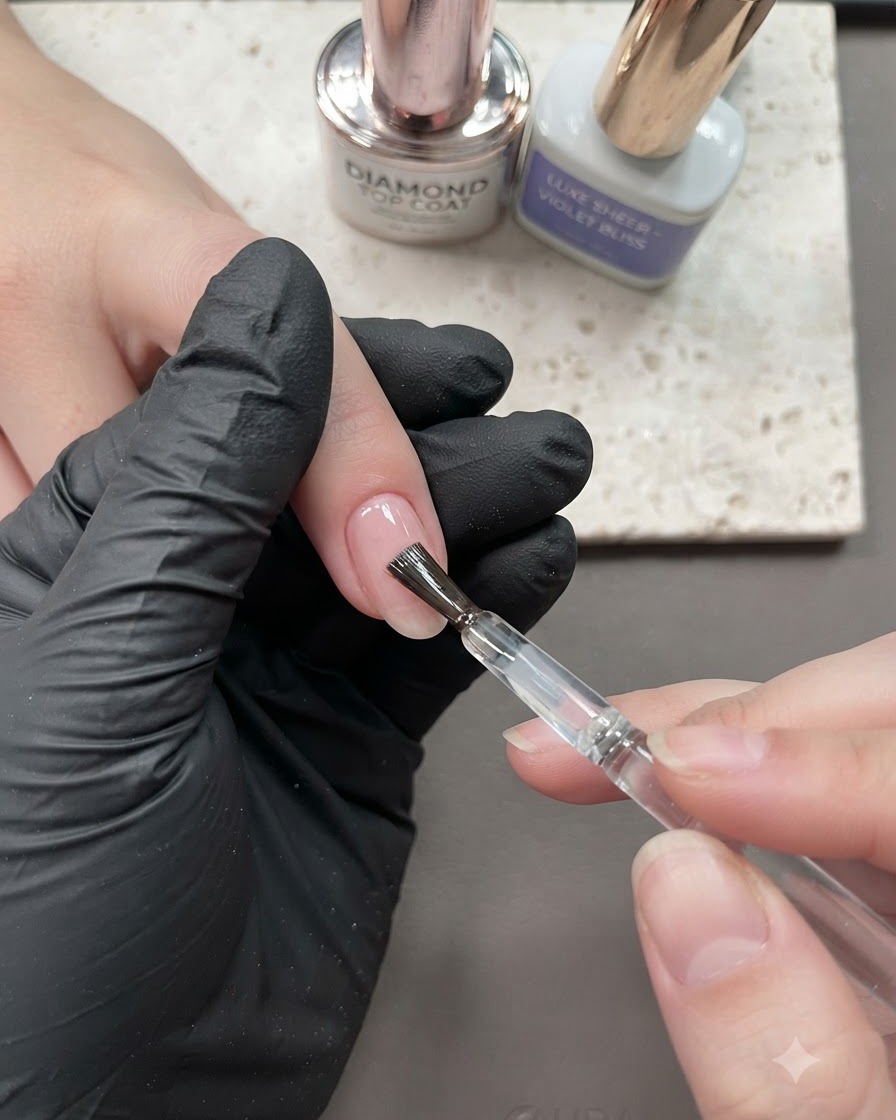 Un pinceau appliquant une couche de finition brillante sur la surface dun ongle manucuré.