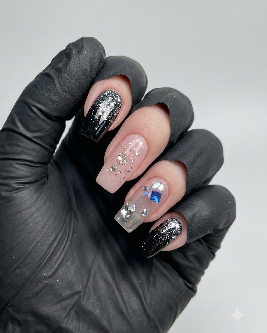 Une main montrant des ongles décorés avec des pointes dégradées de paillettes noires, un ongle nude avec des flocons argentés et un ongle daccentuation avec des étoiles et des strass.