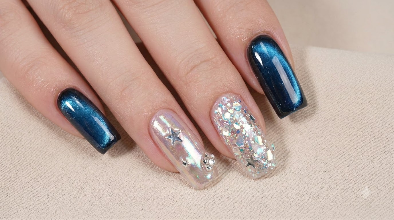 Ongles Cat-Eye Bleu Océan et Poudre Aurore — Tutoriel Étape par Étape