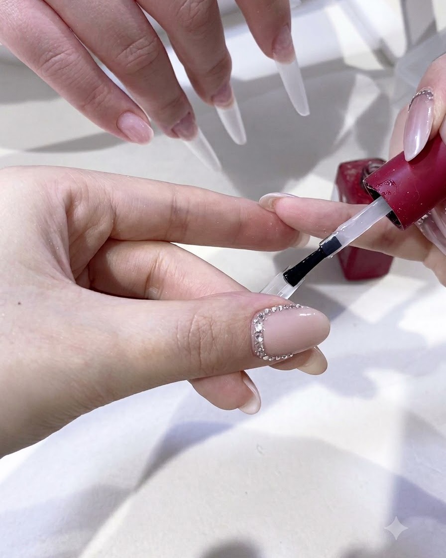 Un pinceau appliquant un gel de base transparent sur la surface dun ongle rallongé.