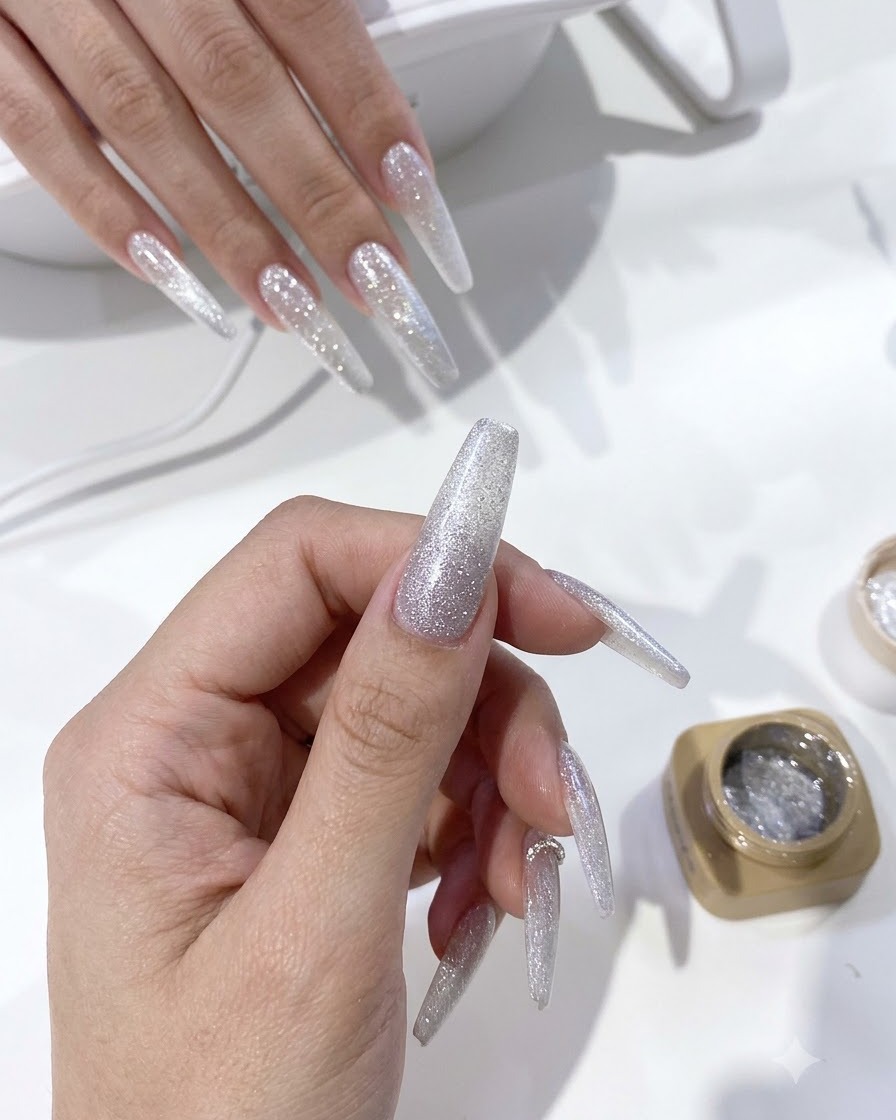 Vue rapprochée dune main tenant un ongle fini en gel cat eye pour inspecter lalignement de la lumière.