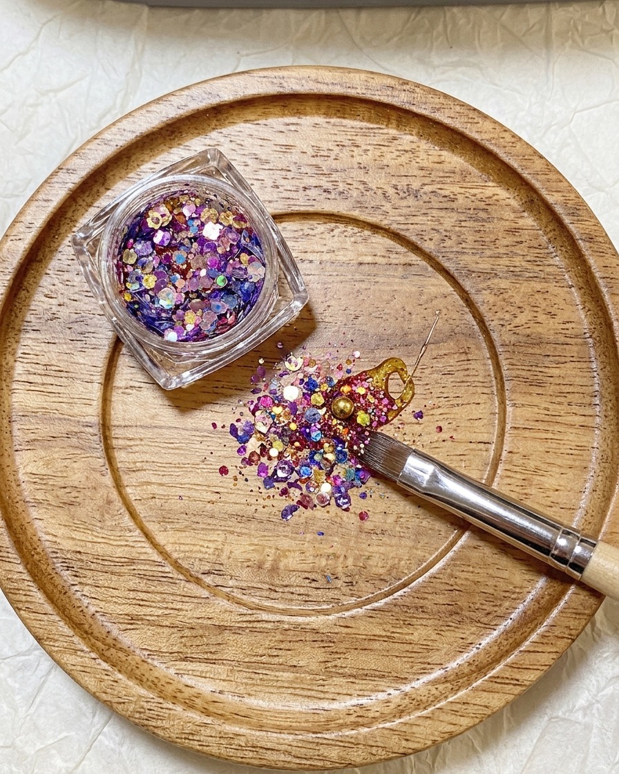 Un pot de paillettes colorées à côté dune palette en bois où un pinceau mélange des flocons de paillettes dans du gel.