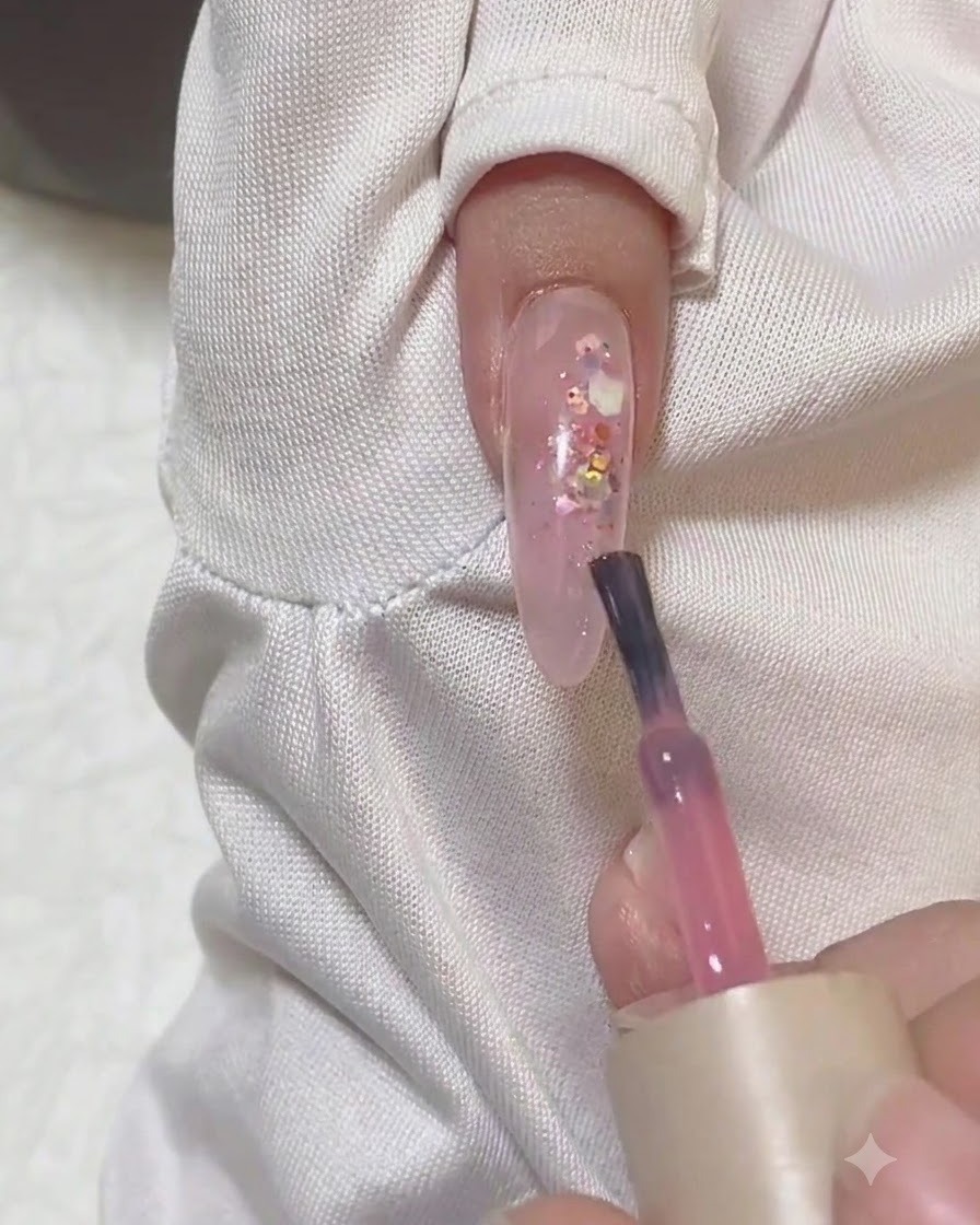 Un pinceau de vernis gel rose appliquant une couleur rose diaphane sur le bout dun ongle amande transparent encapsulé de paillettes.