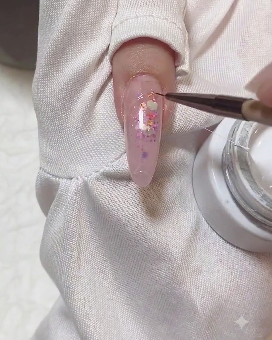 Un pinceau de détail tirant un fin fil de spider gel blanc à travers un ongle manucuré.