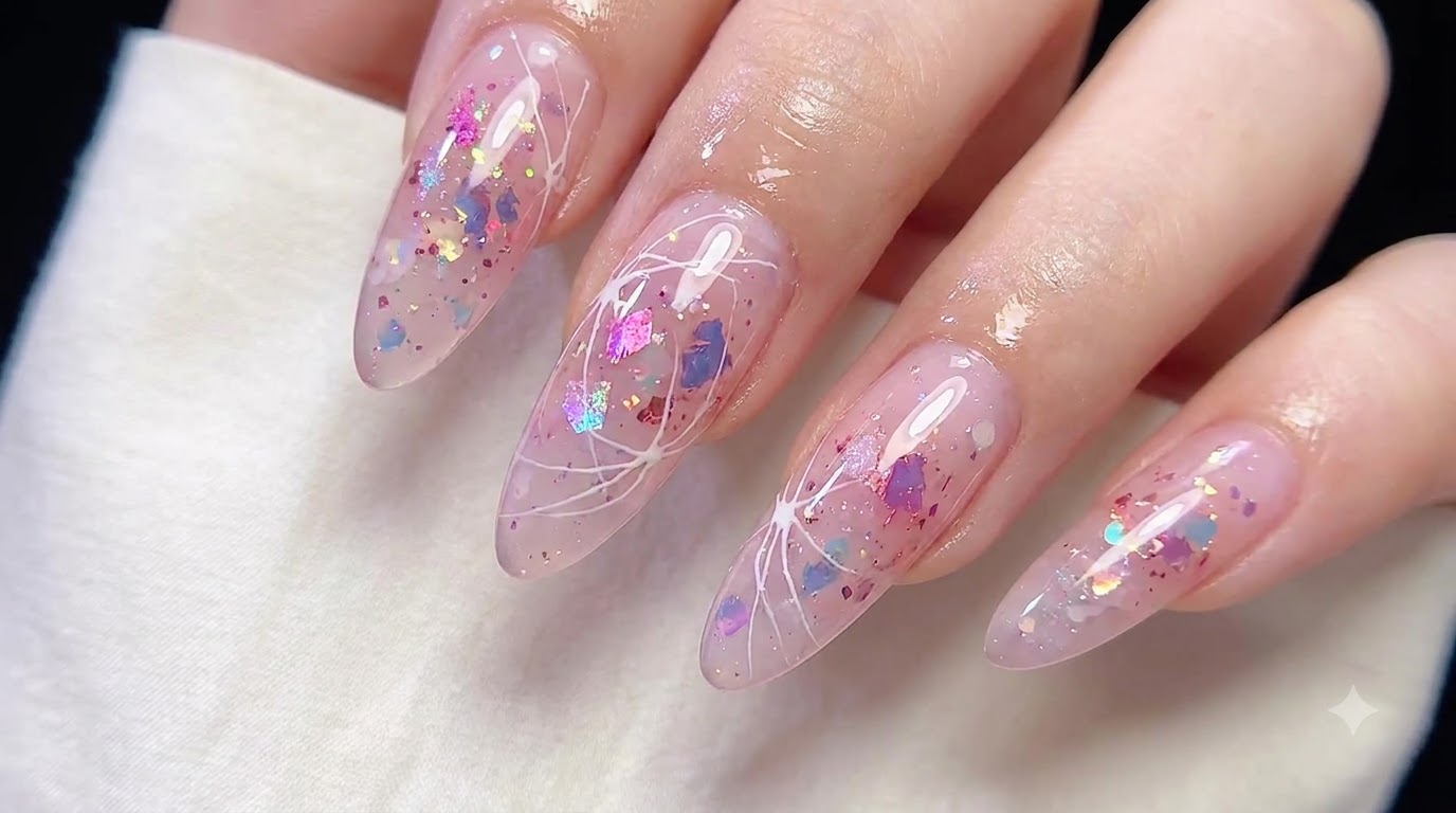 Tutoriel d'ongles en gel rose translucide, paillettes et opale