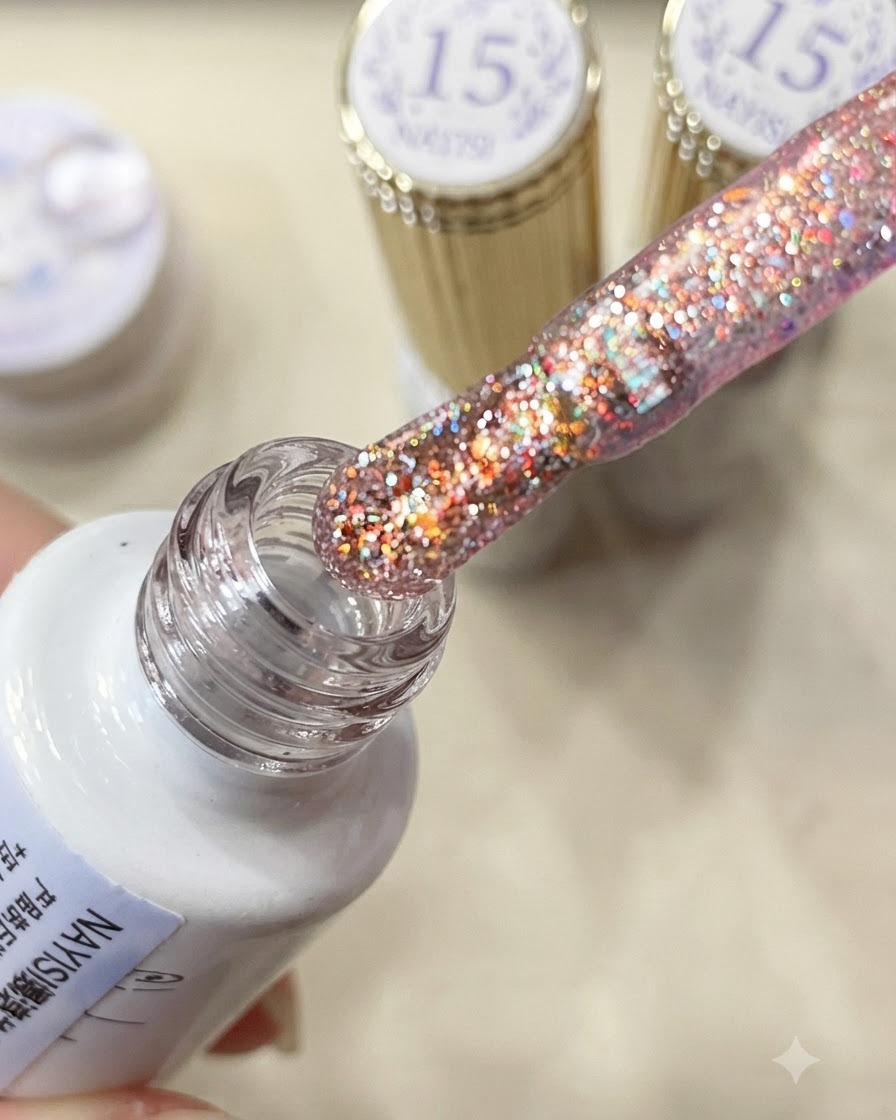 Un pinceau à vernis chargé de paillettes de diamant concassées rose-violet scintillant extraites dun flacon.