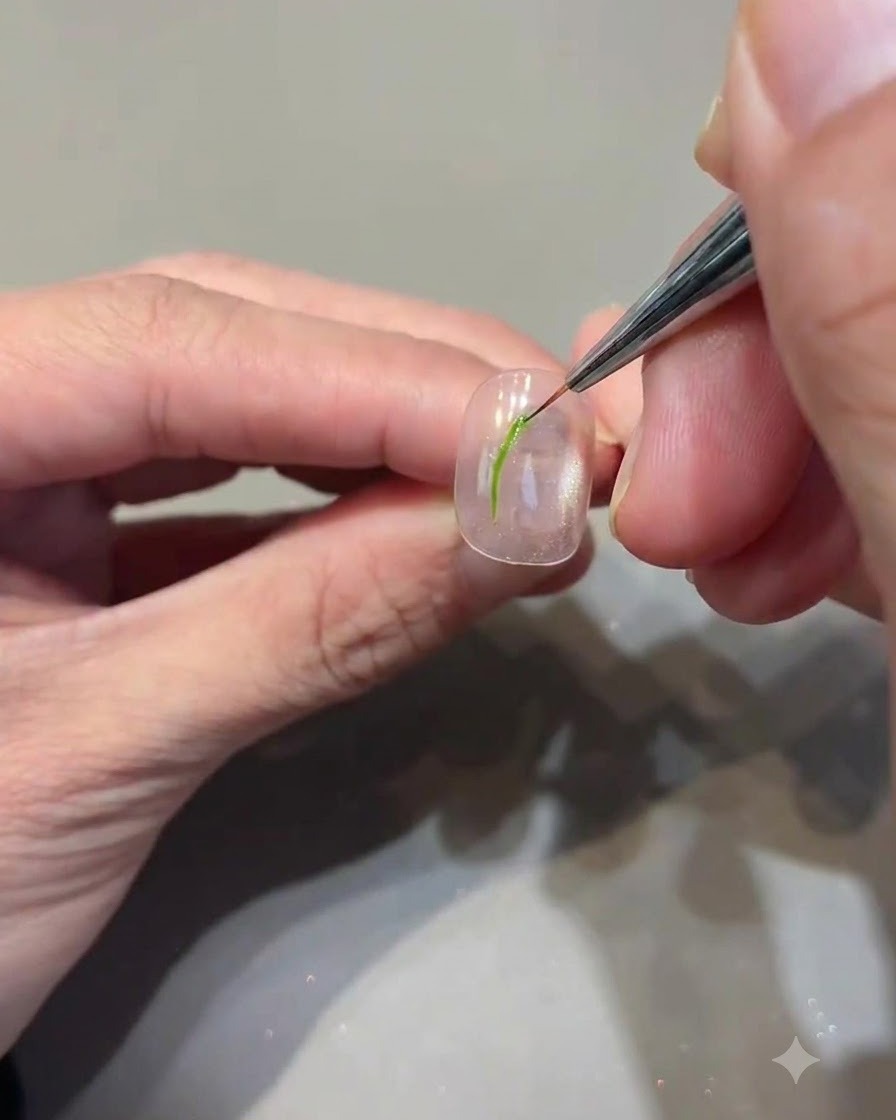 Un pinceau fin dessinant les détails des feuilles sur le dessus dun ongle à laide de gel vert.