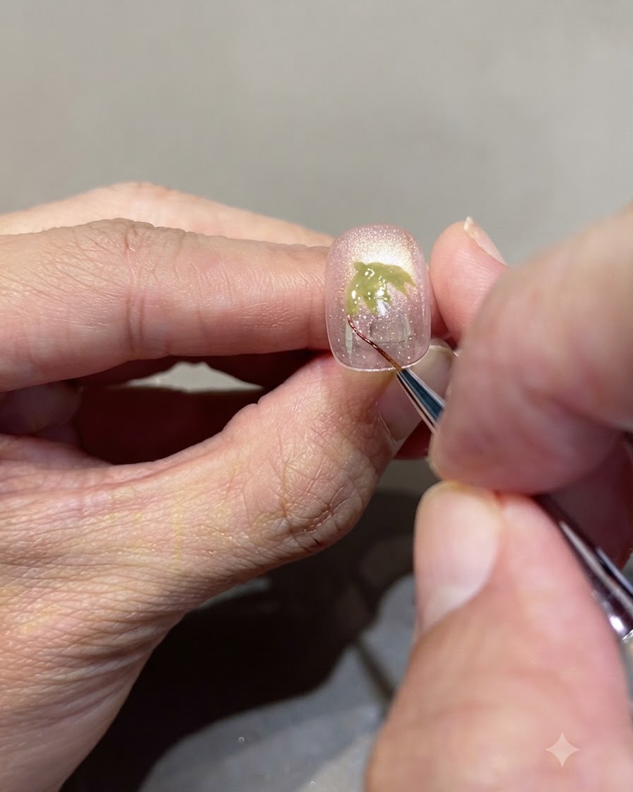 Un pinceau de nail art fin appliquant du gel glass rouge pour tracer le contour arrondi dune fraise sur une base nude rosé.