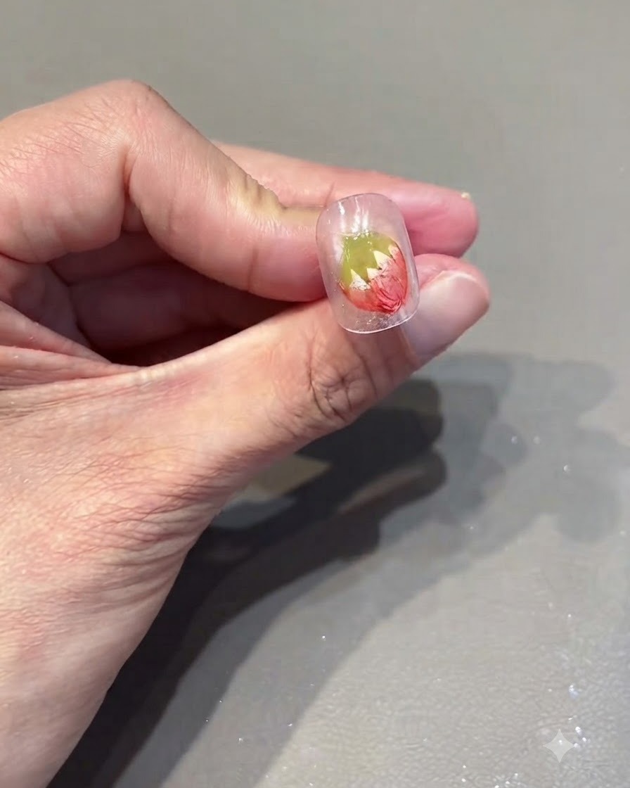 Plan rapproché dun ongle montrant un design de fraise rouge avec de petits points blancs peints dessus.