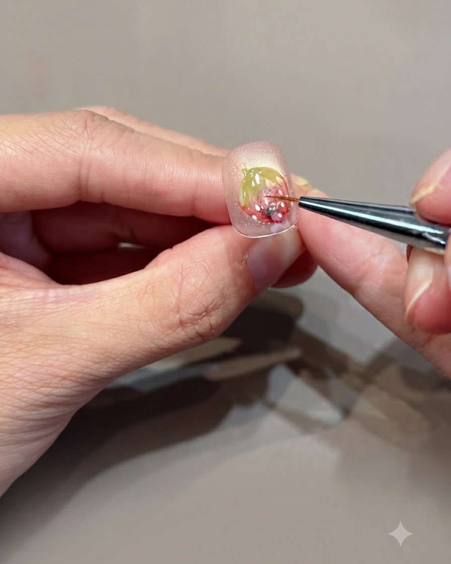 Un pinceau fin appliquant du gel dur transparent sur un nail art fraise pour créer du volume en 3D.