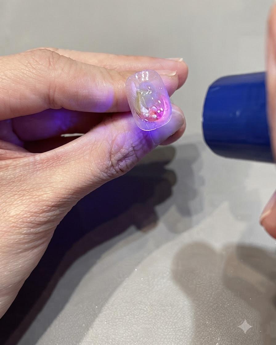 Une lumière UV catalysant de petits détails de gouttes deau en relief sur un ongle décoré.