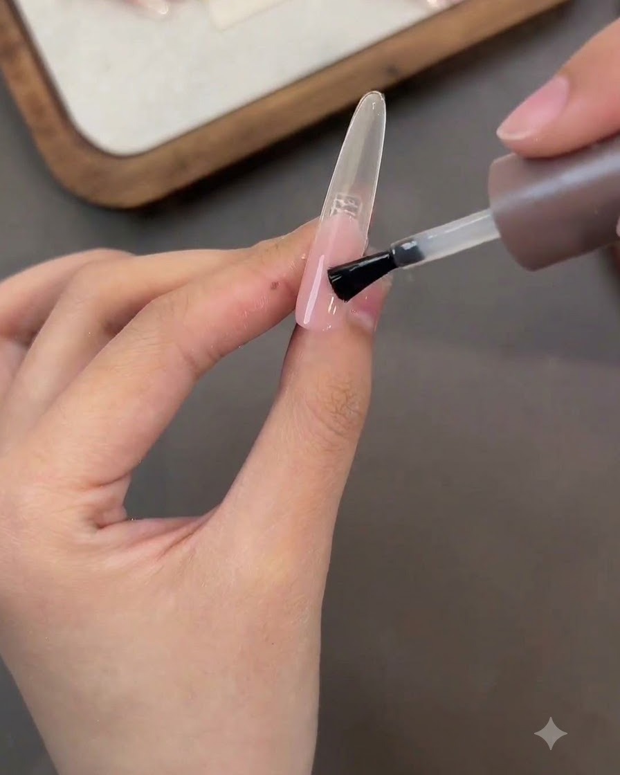 Un pinceau de vernis appliquant une couche de finition mate sur un faux ongle en dégradé rose.