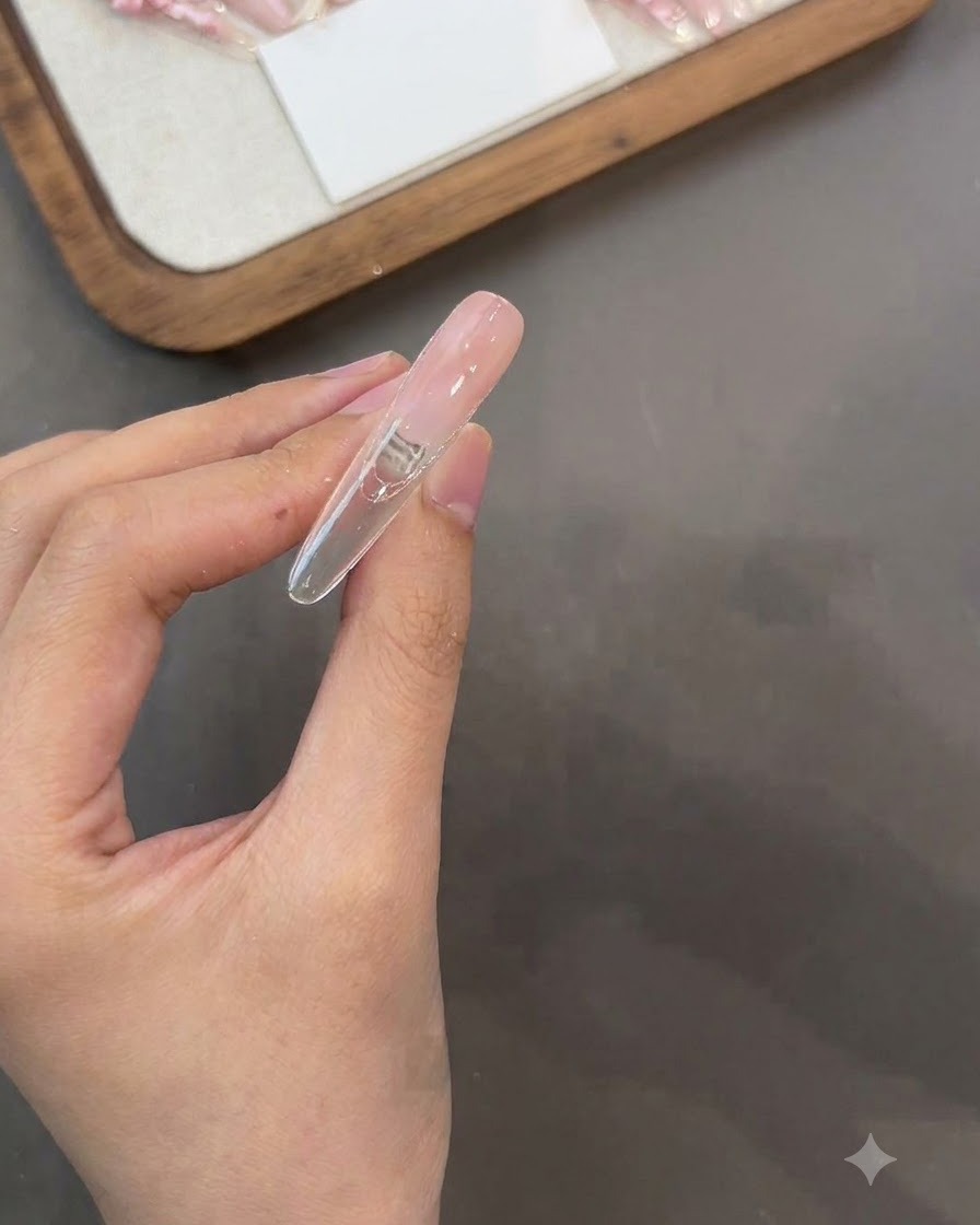 Une main tenant une capsule dongle à lenvers tout en appliquant du gel de base sur la surface arrière.