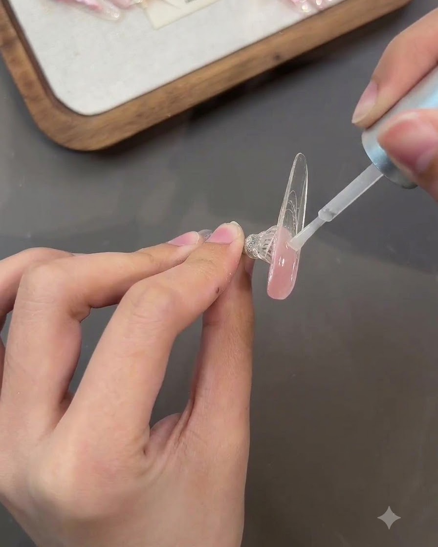 Un pinceau appliquant et étalant du gel à éclats de paillettes sur le dos dune capsule transparente.