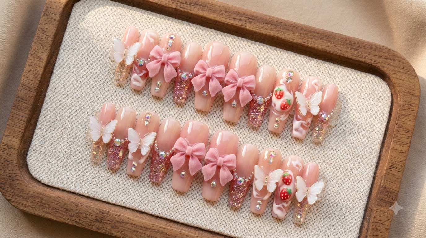 Faux Ongles Panna Cotta à la Fraise — Tutoriel Nœud 3D et Papillon