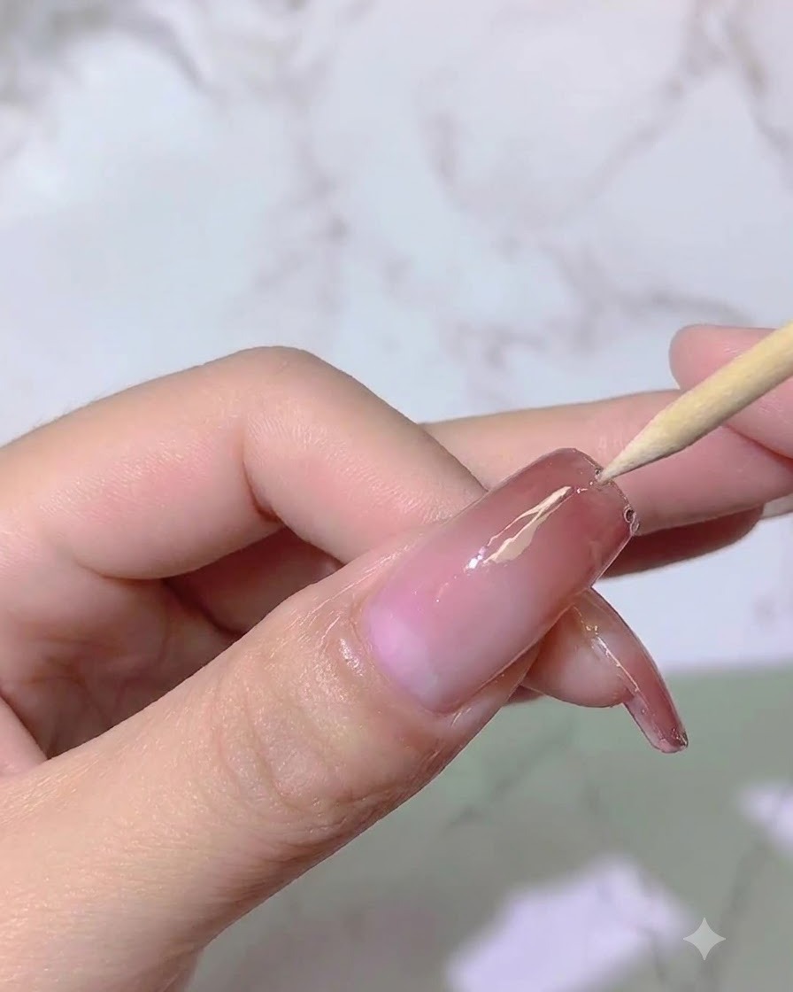 Un outil en bois guidant le placement ou lajustement près de la surface de longle sous un éclairage.