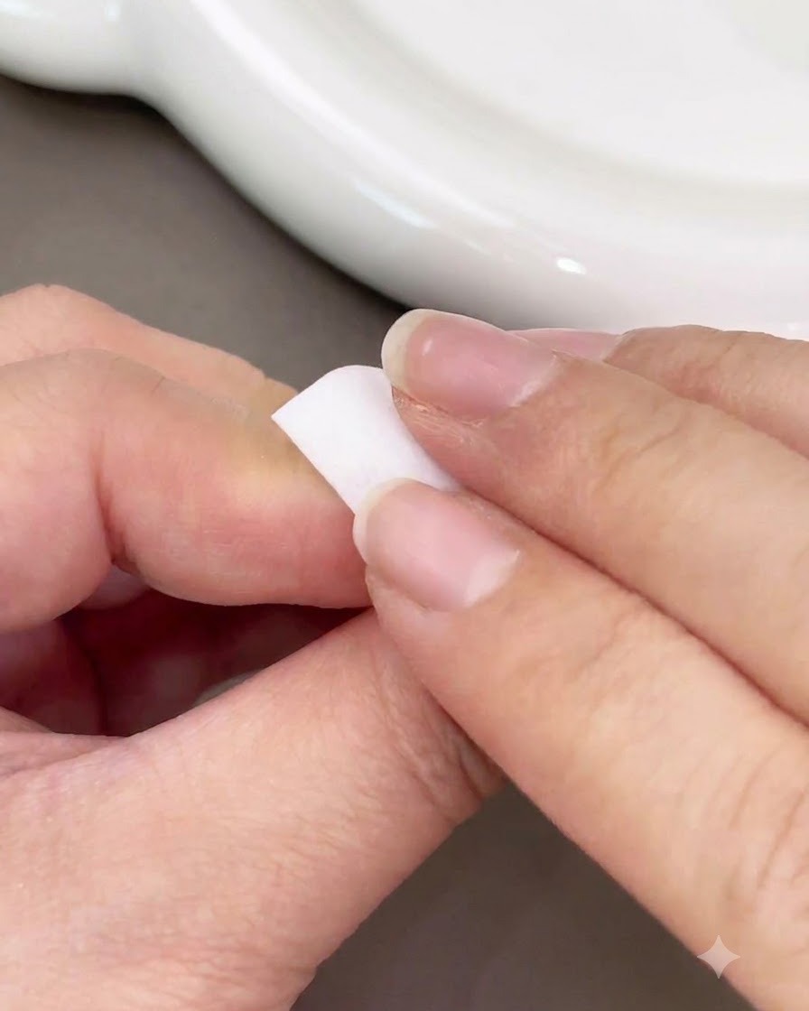 Une main tenant un petit pinceau appliquant une touche de gel rose au centre dun ongle.