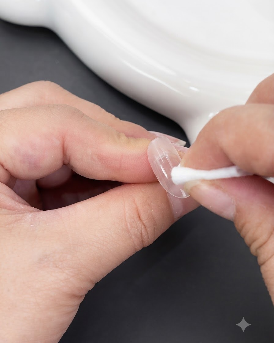 Une éponge utilisée pour estomper les bords dune tache de gel rose sur un ongle.